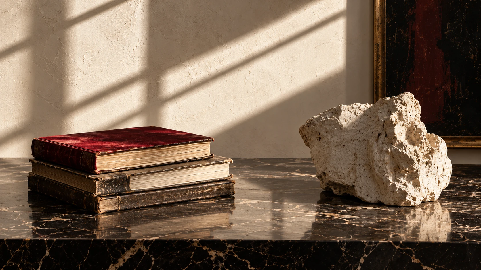 Timeworn crimson books resting on dark, veined marble in warm sunlight.